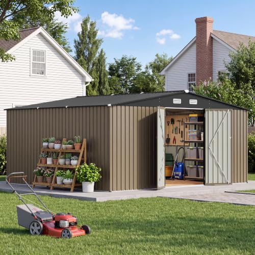 Image of Patiowell 14x12 FT Outdoor Storage Shed, Large Metal Sheds, Brown