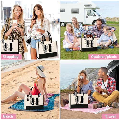 Image of Tecanne Personalized Initial Canvas Tote Bag, Suitable for Birthday, Wedding, Beach, Holiday, Gifts for Women, Mom, Teachers, Nurses, Best Friends, Bridesmaids (H)