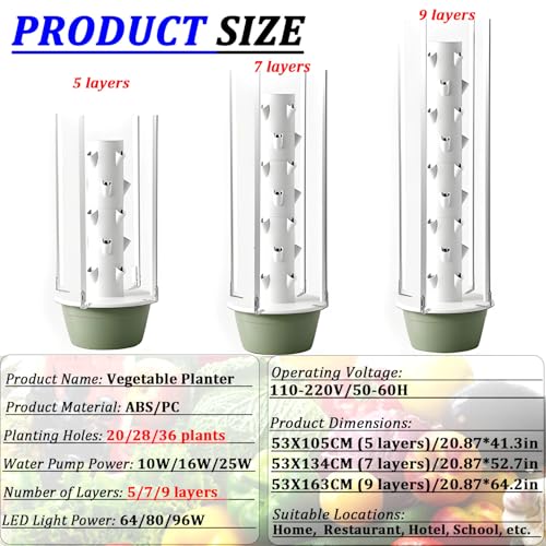 Zestaw ogrodowy Indoor Hydroponics Tower z diodą LED Grow Lights, Pump & Water Tank, pionowa doniczka do warzyw Ziół, 9-warstwowy system bezglebowy do domowego mieszkania balkonowego
