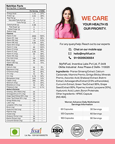 Image of MyFitFuel Advance Women Daily Multivitamin (37 Herbs, Vitamins & Minerals) For Skin, Hair & Nails, Bones, Strength, Immunity, Focus, Antioxidants & more (180 Tablets)