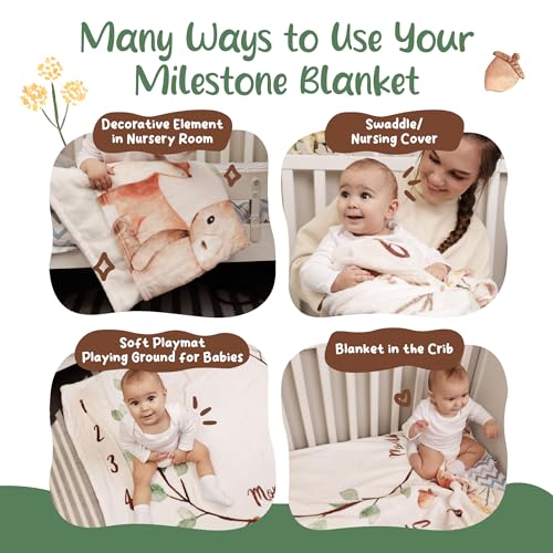Image of KooKooBaby Baby Monthly Milestone Blanket - 47x47 Premium Fleece Milestone Blanket for Baby Girl and Boy - Woodland Animals Monthly Baby Milestone Photo Background with Felt Circle Marker
