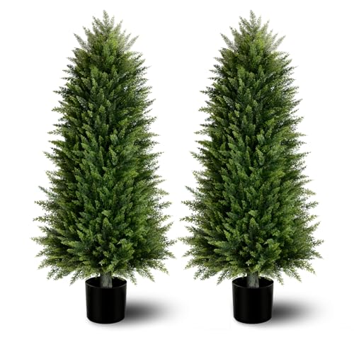 4FT Artificial Cedar Topiary Trees (2 Pack) - UV Resistant Fake Evergreen Shrubs with Extra Dense Foliage, Realistic Potted Faux Plants for Front Porch & Garden Decor