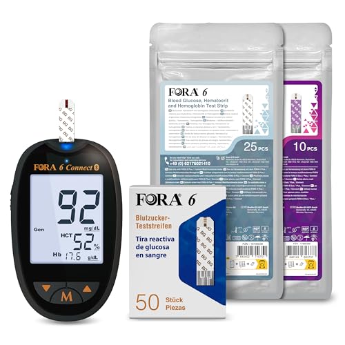 FORA 6 Connect Medidor de Glucosa en Sangre con 50 Tiras Reactivas para Glucosa, 25 Tiras Reactivas 3-en-1 (Glucosa, Hemoglobina, Hematocrito) y 10 Tiras Reactivas para Cetonas
