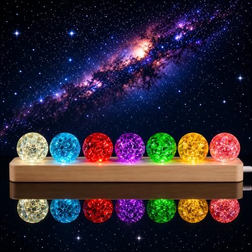 JINWU ClearPeak 7 Pcs Colorful Crackle Glass Crystal Balls with 30mm LED Wooden Base, Decorative Night Light for Bedroom Living Room Desk Decor (Set 7-Rainbow)