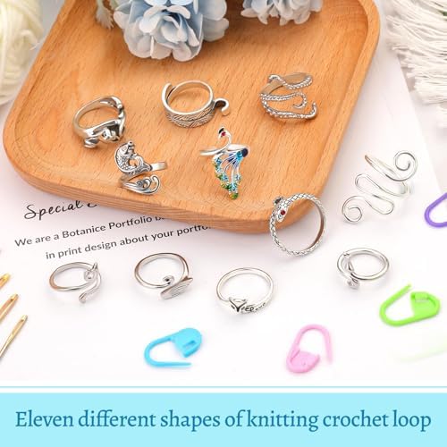 FOUSNOW 11 Pcs Crochet Ring, Adjustable Knitting Tension Rings, Finger Loop Yarn Rings Crochet Ring for Finger, Cat Guide Knitting Thimble, Faster Knitting Accessories for Mother Grandma - 2