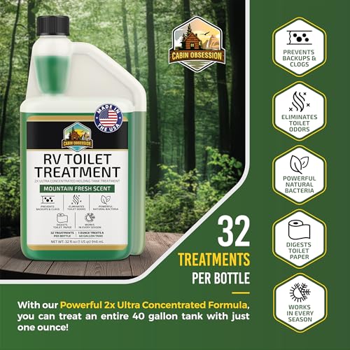 Cabin Obsession RV Toilet Treatment (32 oz) - 2x Ultra Concentrated Liquid RV Black Tank Treatment with Easy Measure Spout, Mountain Fresh Scent, 32 Treatments