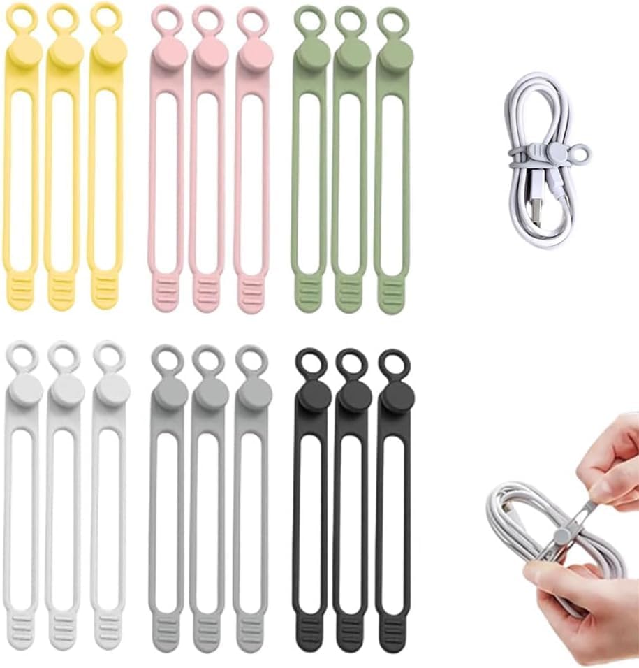 Silicone Cable Ties Reusable, Data Cable Organizer & Cord Management Straps, Elastic Cable Wrap for Wires, Charger, Earphones, USB Cables, Cable Management Organizer for Home Office Desk (18)