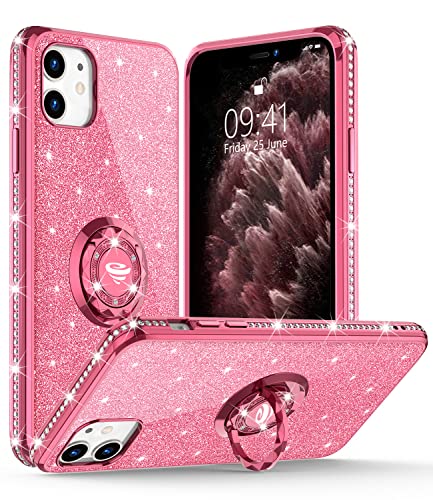 OCYCLONE Cute iPhone 11 Case, Glitter Luxury Bling Diamond Rhinestone Bumper with Ring Grip Kickstand Protective Thin Girly Pink iPhone 11 Case for Women Girl [6.1 inch] 2019 - Rose Gold Pink