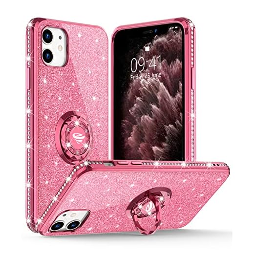 OCYCLONE Cute iPhone 11 Case, Glitter Luxury Bling Diamond Rhinestone Bumper with Ring Grip Kickstand Protective Thin Girly Pink iPhone 11 Case for Women Girl [6.1 inch] 2019 - Rose Gold Pink