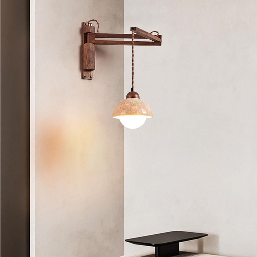 Bedside Swing Arm Wall Sconce Lamp Industrial Natural Stone Wireless Remote Control Wall Light Wooden Adjustable Wall Mounted Reading Lamp for Bedroom Bedside Wall Lamp Remote Control Switch