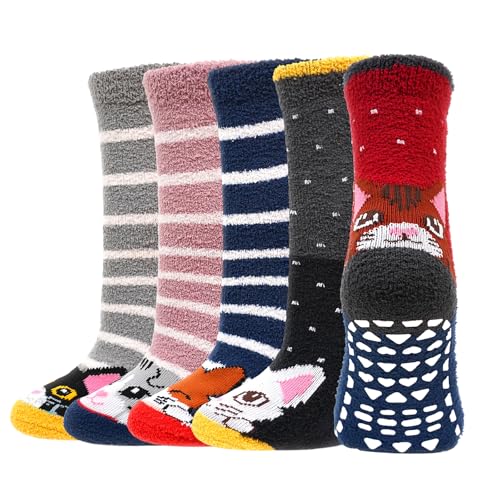 LOFIR Warme Kinder Kuschelsocken für Mädchen: Flauschige Thermo Socken mit Noppen - Witzige Tier Muster ABS Stoppersocken Dicke Haussocken für Winter Weihnachten Geschenke 5 Paar Katze 31-34