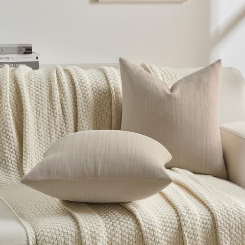 FUTEI Pack of 2 Chenille Striped Throw Pillow Covers 16x16 Inch,Beige by FUTEI - Used condition - Image 5