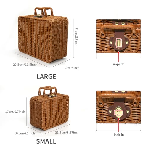 Mini Wicker Picnic Basket, Decorative Prop Suitcase Vintage Storage Hamper Makeup Organizer, 8.67" Metal Lock Plastic Rattan Storage Box with Handles for Sundries Travel Camping and Outdoor Party by Etnorsu - Image 3