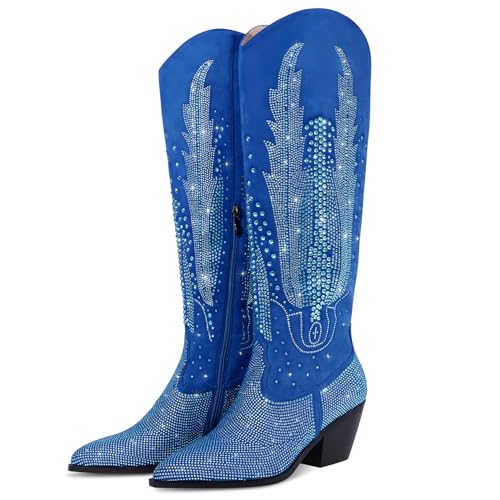 RONILURN Knee High Cowboy Boots for Women Cowgirl Western Boots Rhinestone Bling Pointed Toe Chunky Heel Pull On Fashion Shoes Tall Black Boot