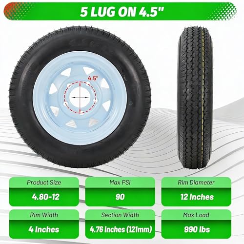 Image of 2 Pack 480-12 4.80x12 4.80-12 4.8-12 Trailer Tires with 12'' Rims, 5 Lug on 4.5'', Load Range C 6PR