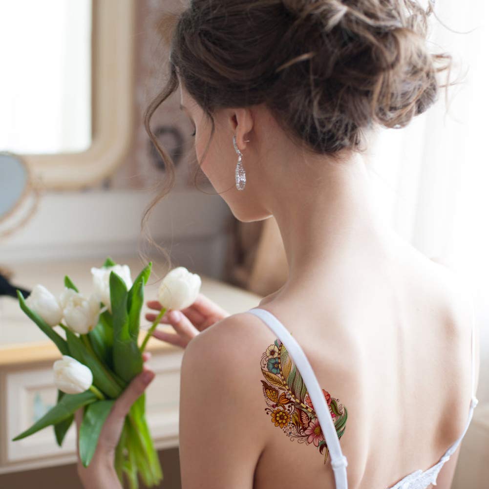 VIWIEU Large Feather Flower Temporary Tattoos 6 Sheets Colored 3D Body Art Accessories for Adults Women Teen Girls, Water Transfer Fake Beach Feather Tattoo Stickers for Festival Costume Party
