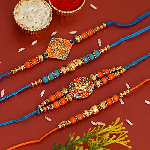 Image of eCraftIndia Set of 4 Golden Laddu Gopal, Lord Krishna Playing Flute, Lord Ganesha, and Shivling Religious Rakhis with Green Red Threads, and Roli Chawal Pack