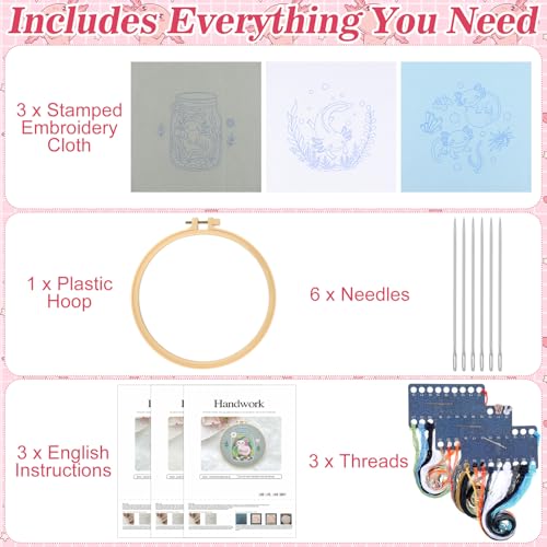 Image of Mindsoft 3 Set Needlepoint Kit for Beginners with Hoop,Axolotl | Bamboo Hoop Thread Needles Instructions, Easy Hand Embroidery for Beginners Home Crafts,Pre-stamped Funny Cute Designs