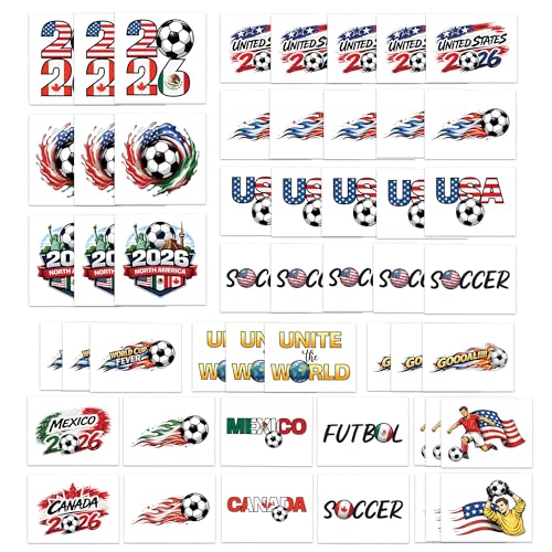 World Soccer 2026 Temporary Tattoos - USA Mexico Canada Football Theme - Watch Party Favors - Soccer Fan Tattoos - 52 Pack