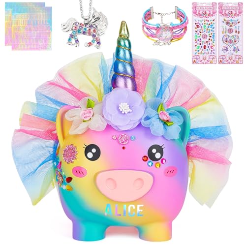 MHJY Tirelire Licorne pour Enfants Tirelire en Résine Incassable pour Filles avec Collier, Bracelet et Autocollants DIY - Coffre à Monnaie Mignon - Idée...