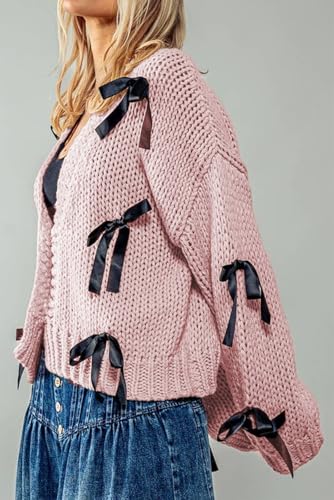 Image of Valentine's Day Cardigan Sweaters for Women Love Heart Print Button Down Cropped Cardigans Y2K Open Front Knit Sweater