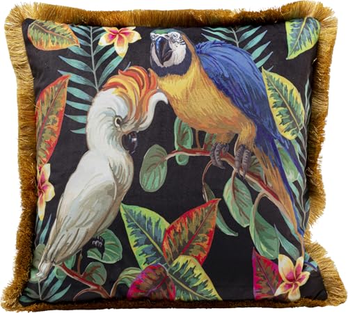 Kare Design Kissen Birds Paradise, Mehrfarbig, Papageien Motiv, Samtoptik, mit Fransen, Zierkissen mit Füllung, Dekokissen mit Reißverschluss, Sofakissen, 45x45cm (L/B)