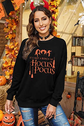 Kiddad It's Just A Bunch Of Hocus Pocus T-Shirt Women Halloween Sanderson Sisters Long Sleeve Crewneck Casual Pullover Tops Black #TOP3
