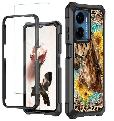 RAUEDWDJS Case for Cricket Magic 2 5G 2024,AT&T Propel 2 5G Case with Tempered Glass Screen Protector,Full-Body Hard PC Soft TPU Bumper Shockproof Protective Cover-Horse Leopard Print Sunflower