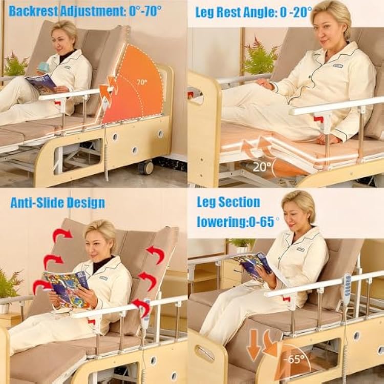 Electric Adjustable Bed, Home Medical Bed with Turning Function, 250kg Capacity for Senior Patient Care, Includes Guardrail, Mattress, IV Pole