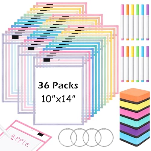 36 Packs Dry Erase Pocket Sleeves Reusable 10x14 Inch Ticket Holders with Dry Erase Markers Rings Dried Erasers 12 Assorted Colors Clear Plastic Sheet Protectors for School Classroom(Pastel)