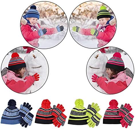 OZERO Winter Kids Knit Hat Gloves Set Warm Fleece Lining Thermal Beanie for 4-10 Year Boys and Girls