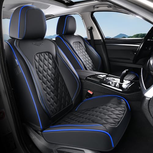 Image of Coverado Front Car Seat Covers, Non-Slip Dust-Proof Nappa Leather, Universal Fit for Cars & Pickup Trucks, Waterproof Car Seat Protectors, Black & Blue Design for Sedans & SUVs