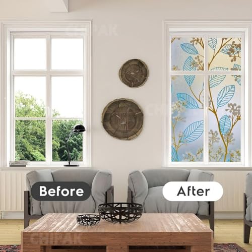 Image of CHIPAK Premium Vinyl Privacy Stained Window Glass Film (16x200 Inch) - Self-Adhesive Decorative Sticker Opaque Sheet Tint Wallpaper for Glass Cover Window, Door, Office, Home.| Anti-UV. Blue Leaves