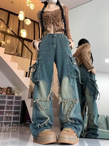 Unisex Y2K Star Patchwork Baggy Jeans – Wide Leg Distressed Denim Pants with Drawstring Waist and Cargo Pockets Streetwear2