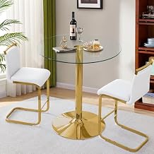 3-Piece Dining Table Set,Kitchen Glass Round Small Table with Modern PU Leather Chairs for Small SpacesGolden Table + White Chairs
