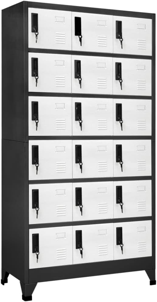 Steel Locker Cabinet with 18 Lockers, Wall Mounted Storage Unit in Anthracite and White, Secure Cam Lock for Office and Home Organization