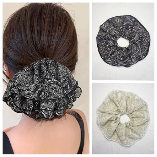 Lemeilleur 2 PCS French Oversize Jumbo Floral Hair Scrunchies Long Hair Eleastic Bands Scrunchy Hair Ties Ropes Ponytail Holders Cloth Bands for Girls and Women