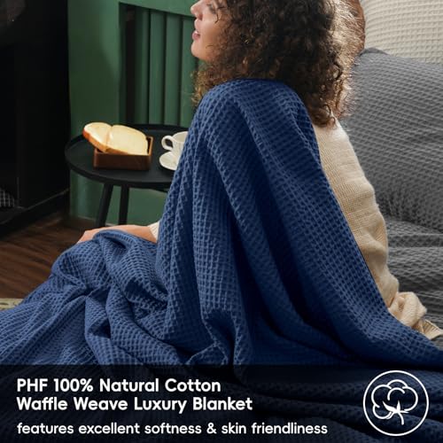 Image of PHF 100% Cotton Waffle Throw Blanket Lightweight Breathable, Bright Blue