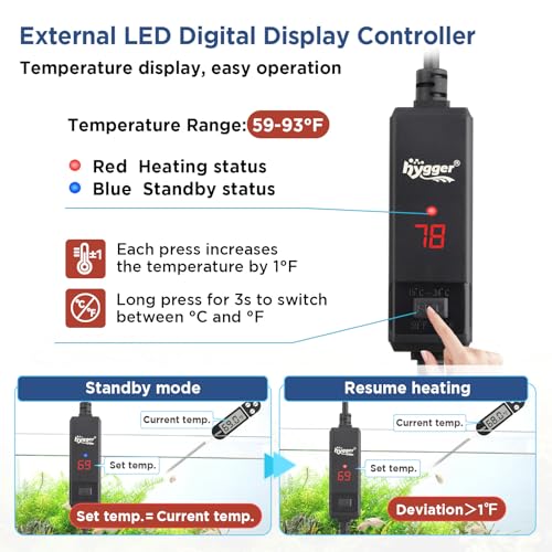 Image of hygger Betta Aquarium Heater,25W /50W /100W /150W Removable Shell Submersible Fish Tank Heater with LED Digital Display,25W Suitable for 1-5 Gallon Freshwater and Saltwater Fish Tank