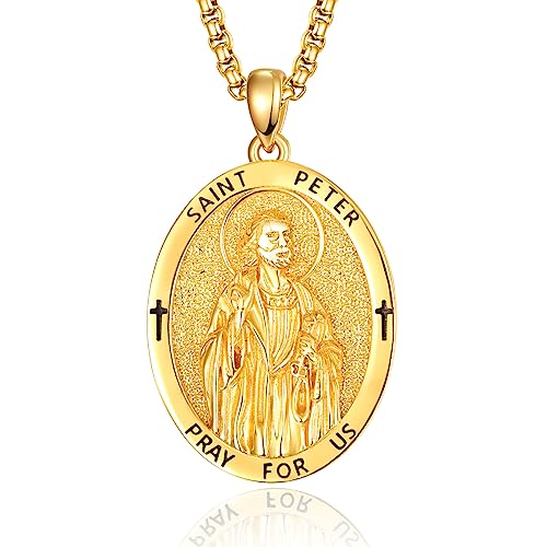 ADMETUS Gold Saint Peter Medal Sterling Silver St. Peter Medal Gold St Peter Pendant Necklace Protection Jewelry Religious Gifts for Men