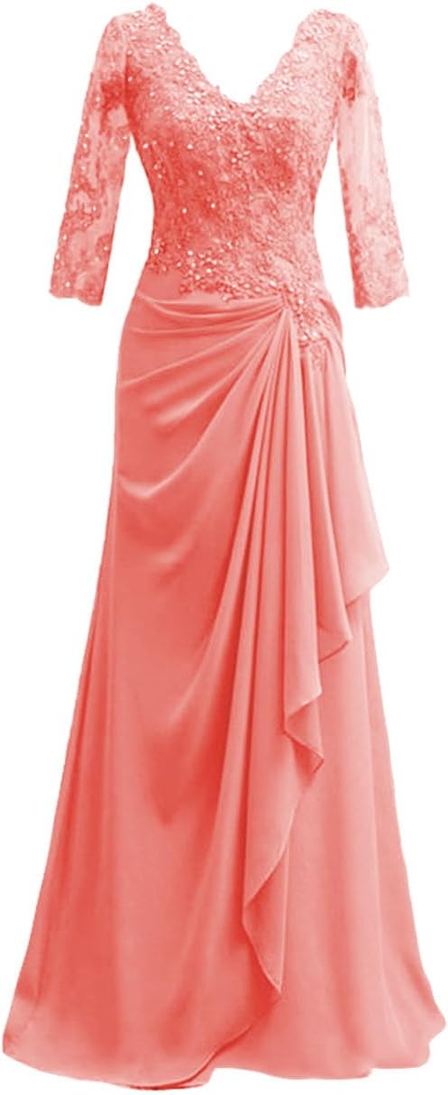 Mother of The Bride Dresses Long Evening Formal Dress V Neck Wedding Guest Groom Gowns Ruffles Lace Applique 3/4 Sleeve
