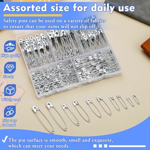 image for Mnuizu 500 Pcs Safety Pins Bulk, 5 Sizes Silver Small and Large Safety