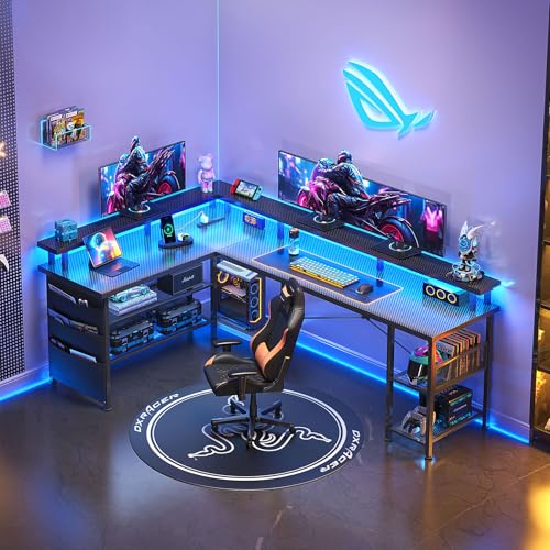 MUTUN 66 Inch L Shaped Gaming Desk with Charging Station and LED Lights, Reversible Corner Desk, Computer Desk, Bureau Gaming, Home Office Desk with Storage and 2-Tier Shelves, Carbon Fiber Black by MUTUN - Image 3