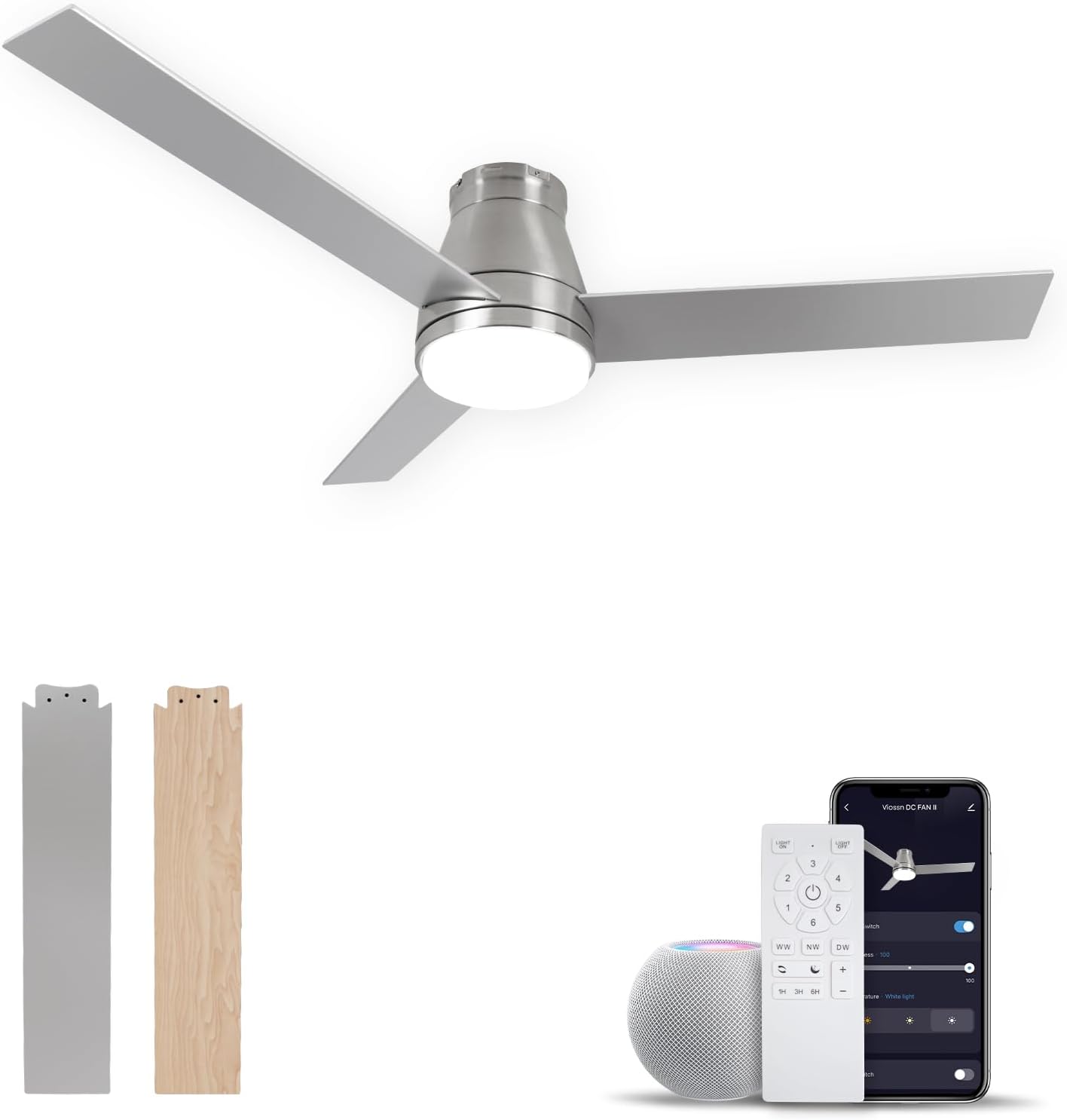 52-Inch Low Profile Ceiling Fan,Smart Ceiling Fan With Light,6-Speed With Remote/App,Modern Brushed Nickel Ceiling Fan,Dimmable. Flush Mount Ceiling Fan For Patios,Bedroom,Living Room