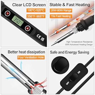 Soldering Iron Kit 80W LCD Adjustable Temperature 180-520°C Electric Welding Tool ON/Off Switch, 50g Solder Wire, 5 Soldering Tips, Desoldering Pump, Wire Stripper Cutter, Stand, Tweezers,Tool Case
