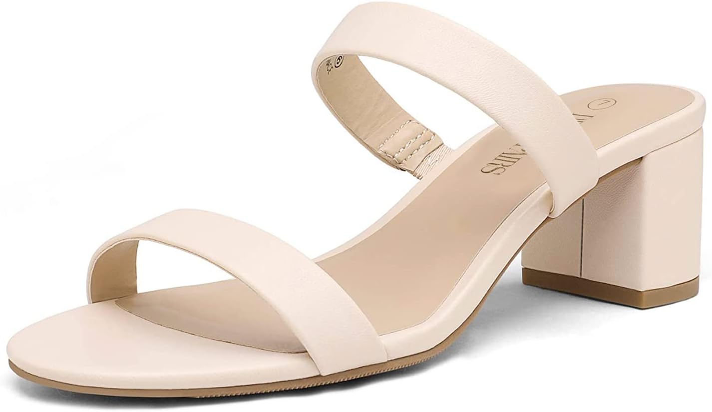Women's Two Strap Open Toe Low Block Chunky Heels Sandals Dress Pumps Casual Summer Mules Shoes
