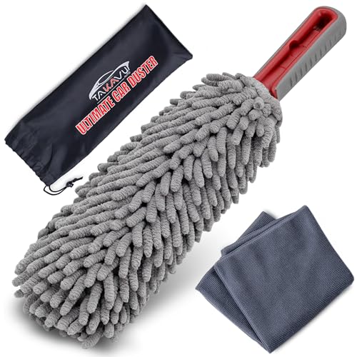 Car Duster Interior by TAKAVU, 360° Microfiber Fingers, Unbreakable Comfort Handle, Lint and Scratch Free, Include Microfiber Towel, for Car & Home Use, The Best Auto Accessories Gray