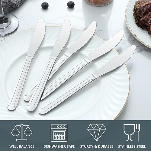 BEWOS 24-Piece Dinner Knives, 9-Inch Dinner Knife Set, Butter Knives, Food Grade Stainless Steel Knives, Sharp knives Bulk, Metal knives, Mirror Polished Table knives, Multiple Silver Knives