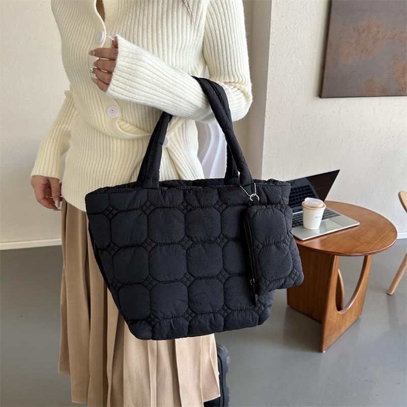 Fiorky Frauen 2pcs Puffer Tote Bag Winter Umhängetasche mit Münze Tasche Reißverschluss Hobo Bag