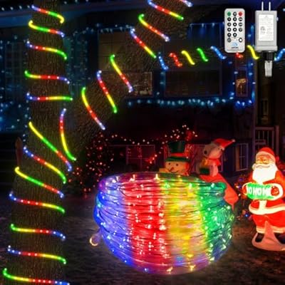 Kenburg Christmas Rope Lights Outdoor, 33Ft 400 LED Multicolored String Lights, Waterproof Tube Light Plug in 8 Modes Timer Memory, Permanent Christmas Lights for Tree Fence Garden Indoor Decorations